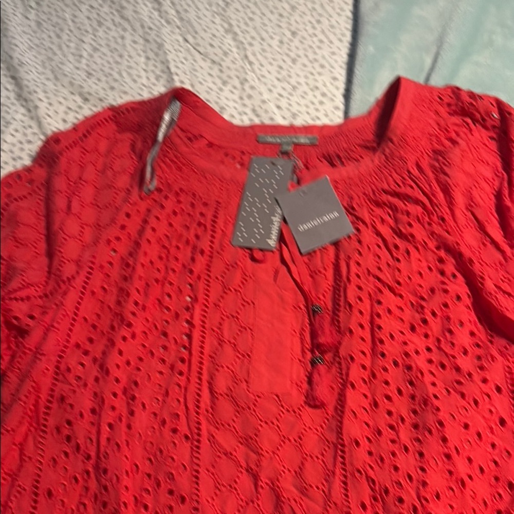 Red Smocked Tie Front Short Sleeve Blouse